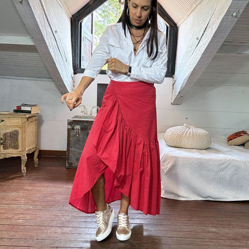 Red polka dot skirt with white balls