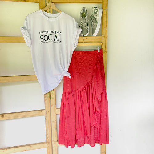 Red polka dot skirt with white balls